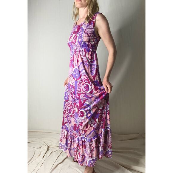 VINTAGE '60s JONATHAN LOGAN Groovy Flower Power Smocked Maxi Dress SMALL - Picture 2 of 12